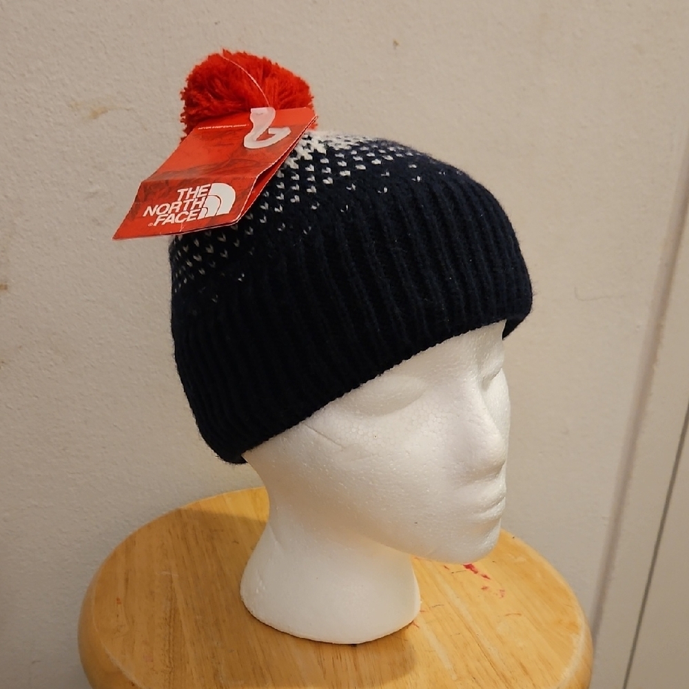 The North Face Black and Red Pom Beanie